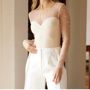 EB Luxe Los Angeles Beige Bodysuit with Pearl Sheer Sleeves